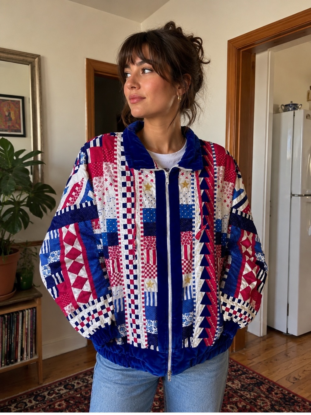 Vintage USA Patchwork Quilted Jacket Red White Blue Americana Size XL